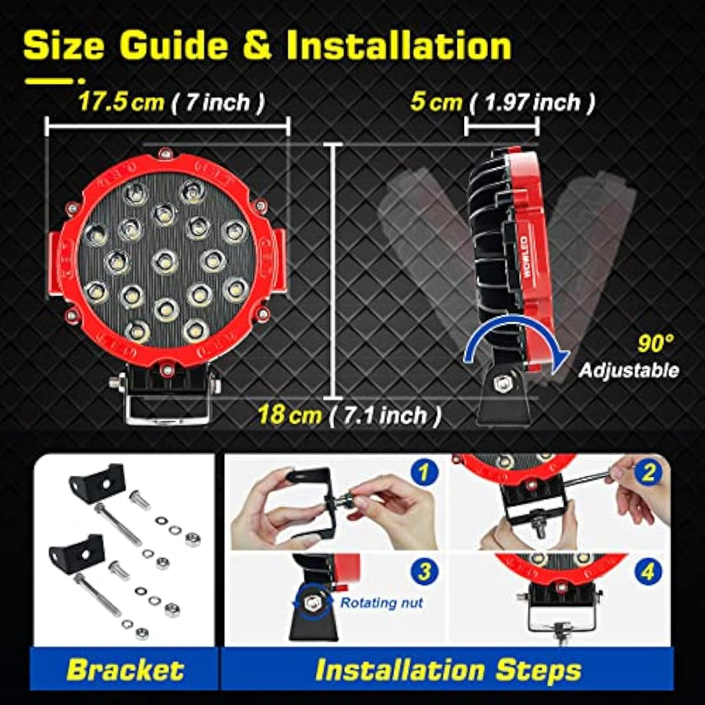 WOWLED 7" Round LED Work Lights – 51W Red Spot Driving Lamps (2 Pcs)