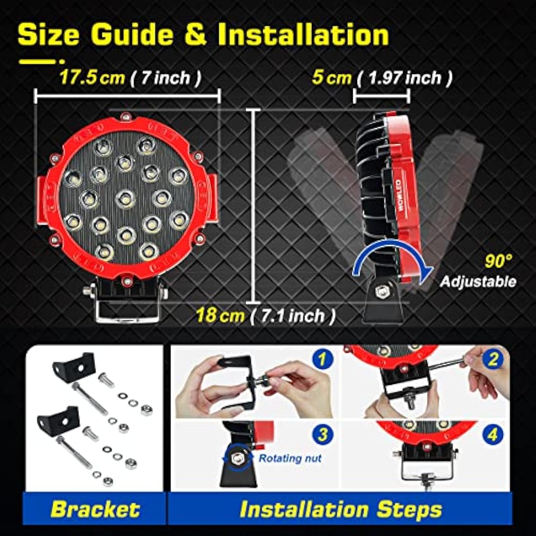 WOWLED 7" Round LED Work Lights – 51W Red Spot Driving Lamps (2 Pcs)