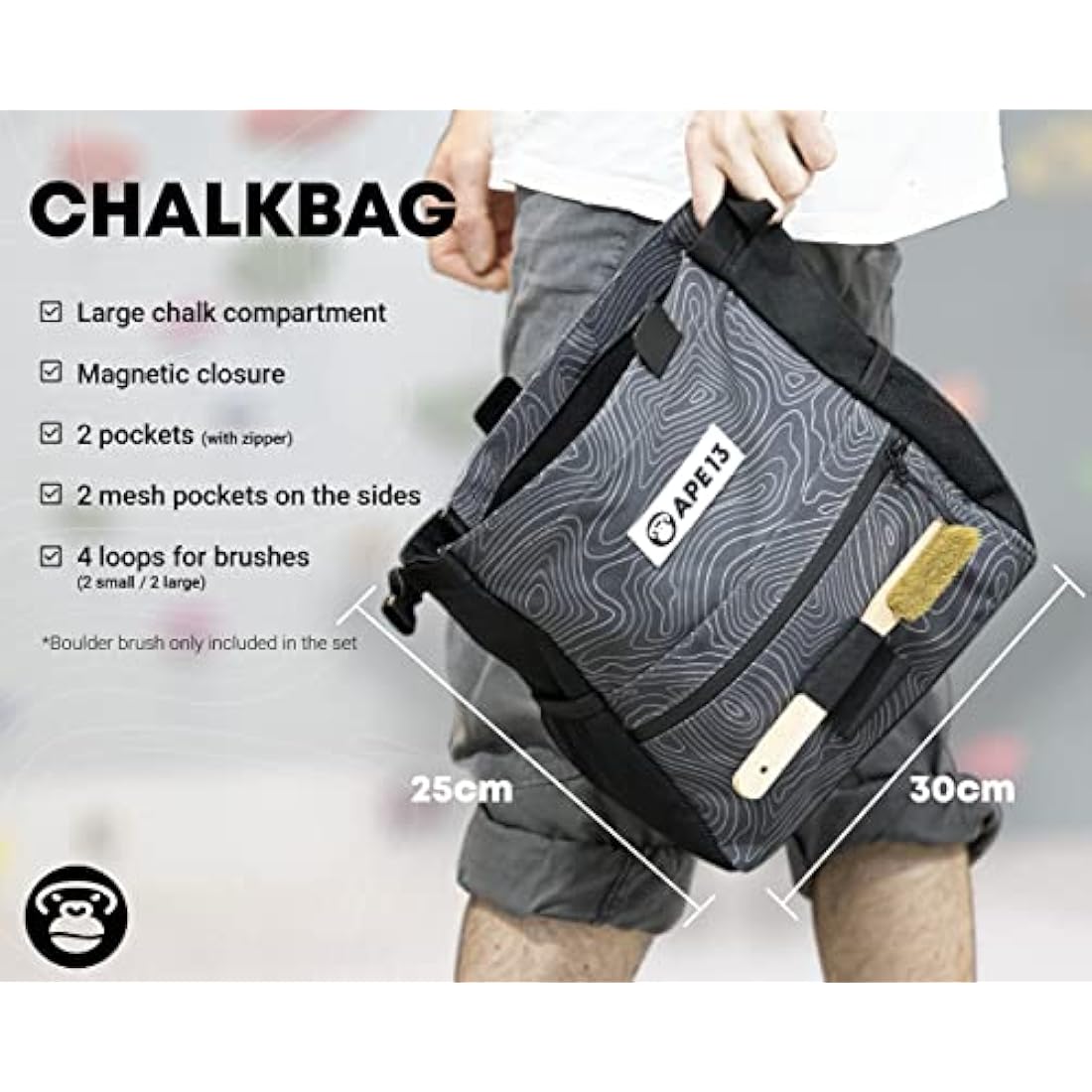 APE13 Chalk Bag Boulder Set – Large Magnesium Bag with Brush & Chalk