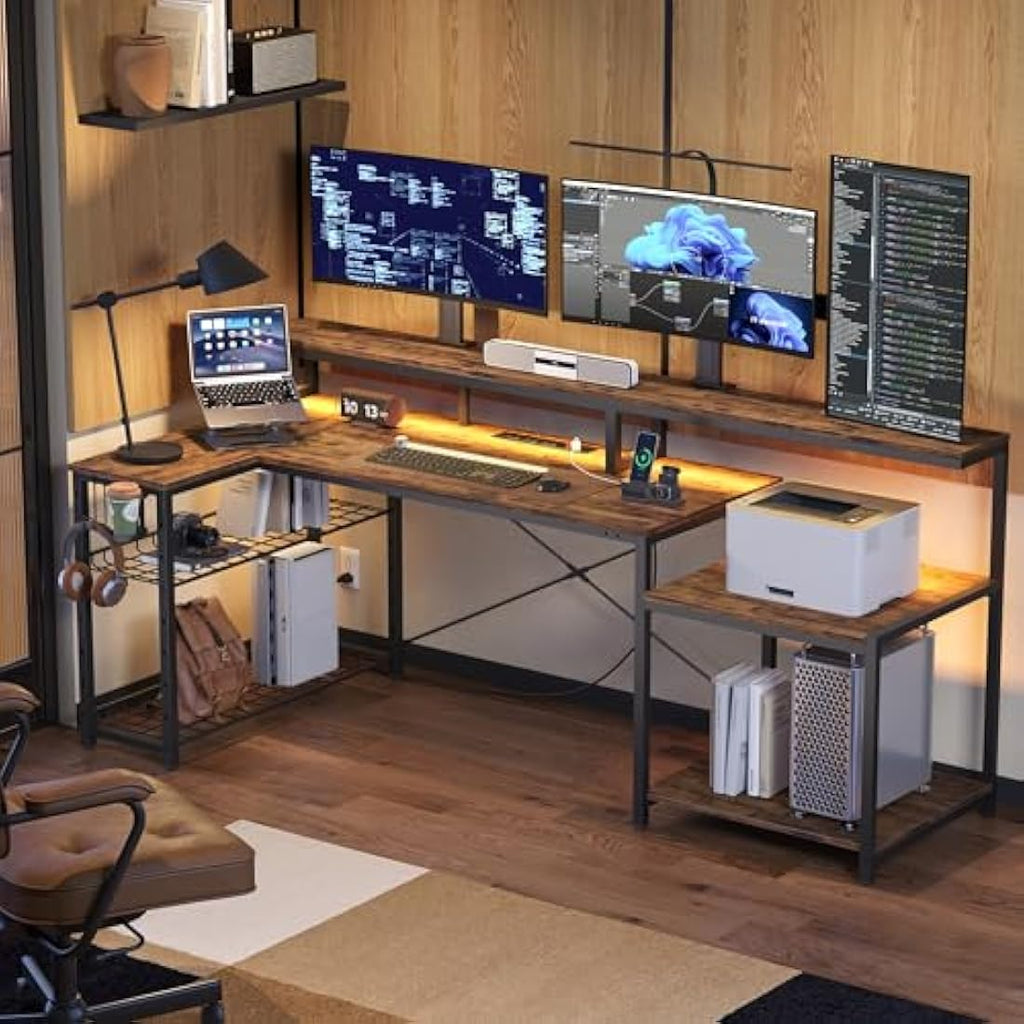 Bestier 181cm L-Shaped Gaming Desk with LED Lights and Power Outlets
