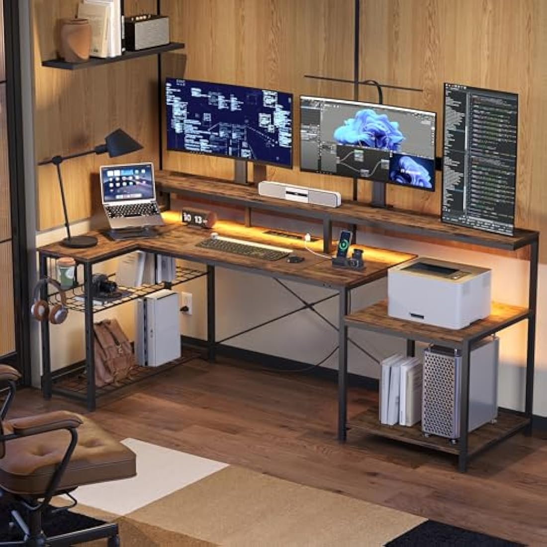 Bestier 181cm L-Shaped Gaming Desk with LED Lights and Power Outlets