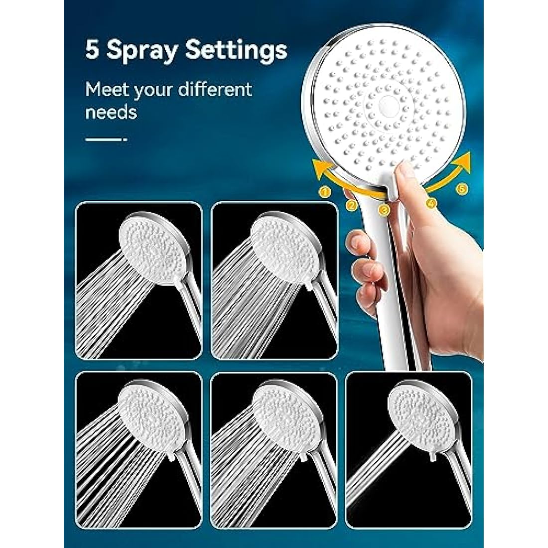 High Pressure Shower Head and 2M Hose | 5 Modes Chrome