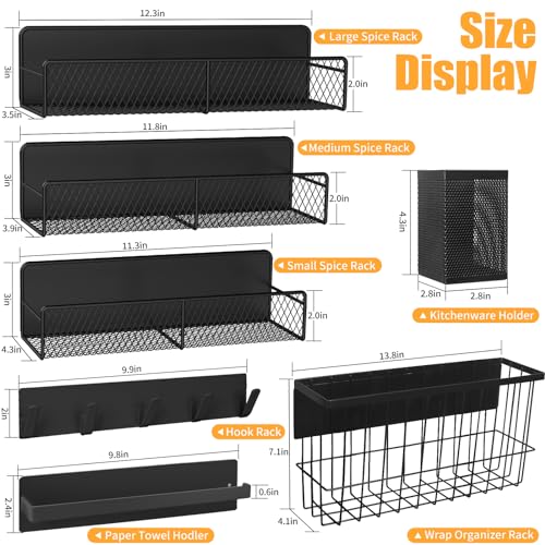 Kmise 7-Piece Magnetic Spice Rack Organizer for Fridge - Black Metal Shelf