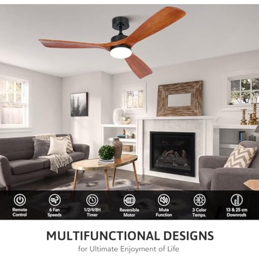 Vonluce 52" Wood Ceiling Fan with Light | Quiet DC Motor & Remote, Walnut