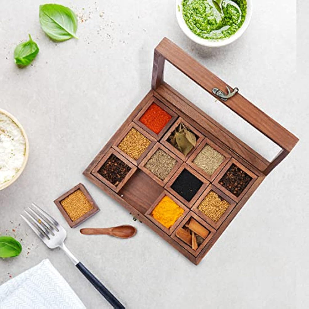 Wooden Masala Dabba Spice Box - 12 Compartments & Glass Lid