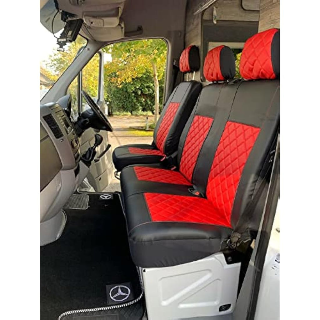 Texmar Black-Red Leather Seat Covers for Mercedes Sprinter & VW Crafter
