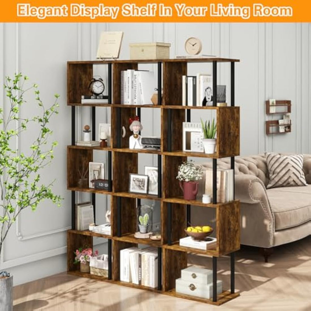 IBUYKE 6-Tier S-Shaped Geometric Bookshelf | Rustic Brown Wood Display Shelf