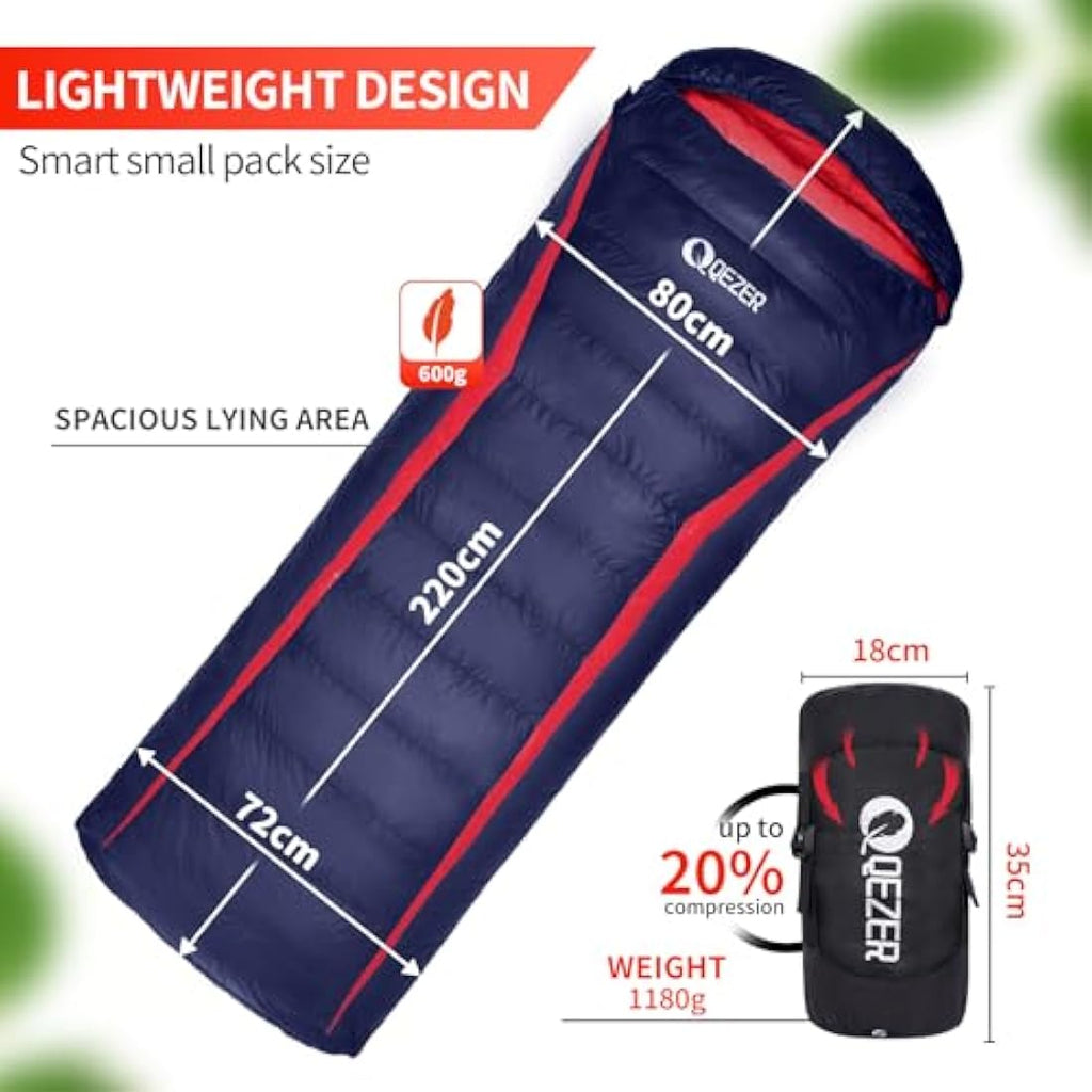 QEZER Down Sleeping Bag | Lightweight 4-Season Rectangular Nylon Bag
