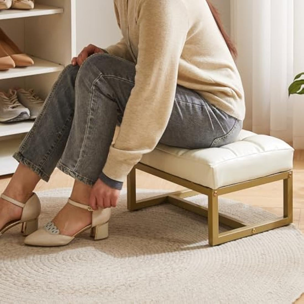 Aibiju White Faux Leather Footstool Ottoman with Gold Metal Frame