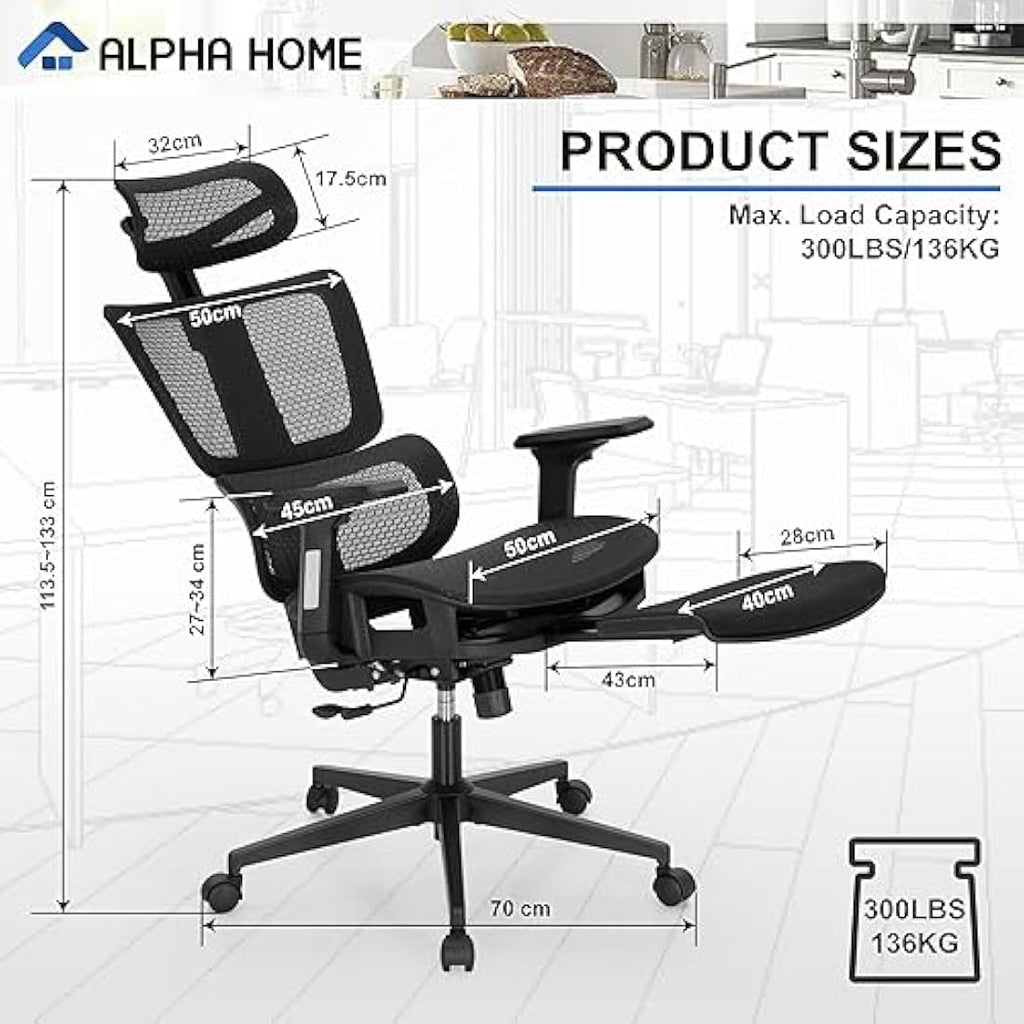 ALPHA HOME Ergonomic Office Chair with Footrest | Mesh High Back Desk Chair