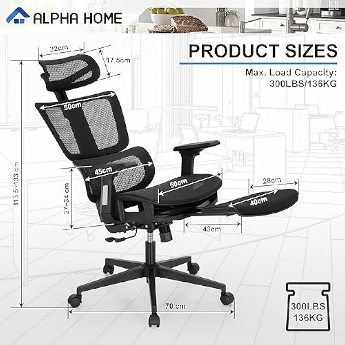 ALPHA HOME Ergonomic Office Chair with Footrest | Mesh High Back Desk Chair