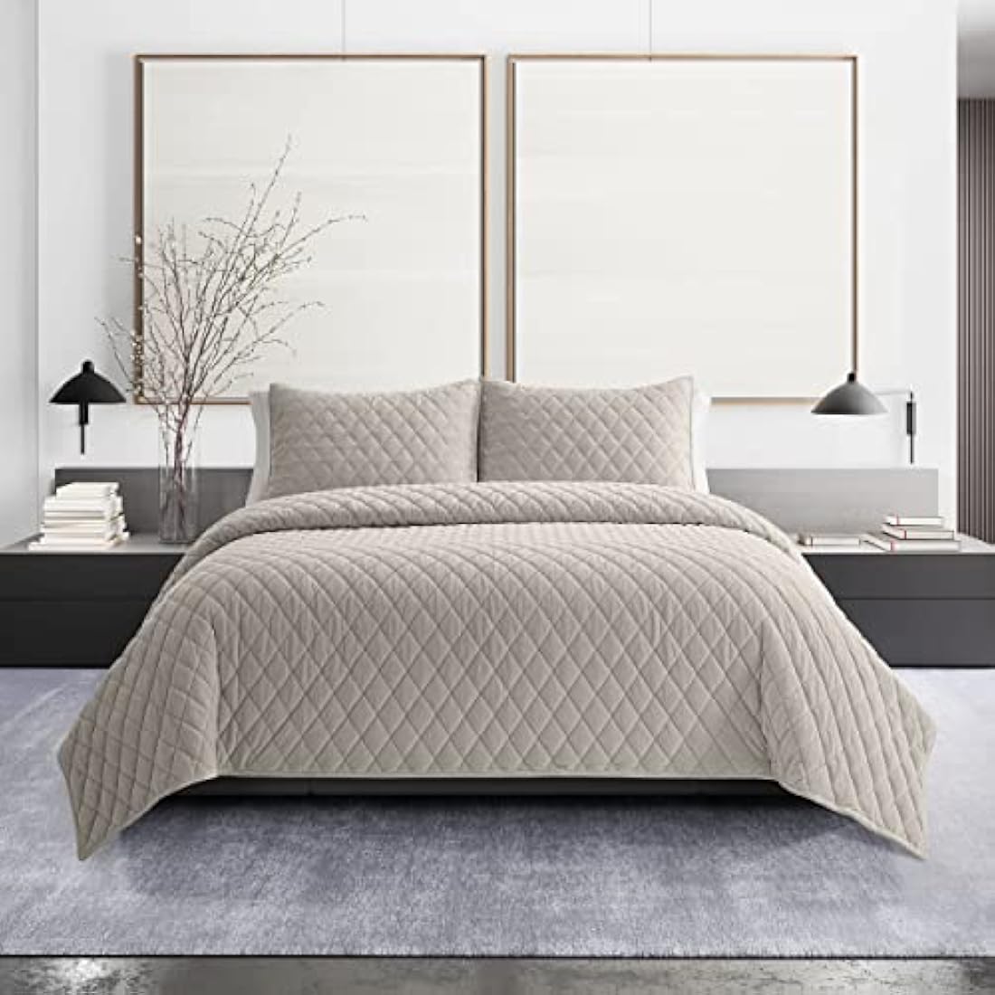Vera Wang Velvet Quilt Set – Luxury Diamond Stitch Bedding, Ivory, Queen