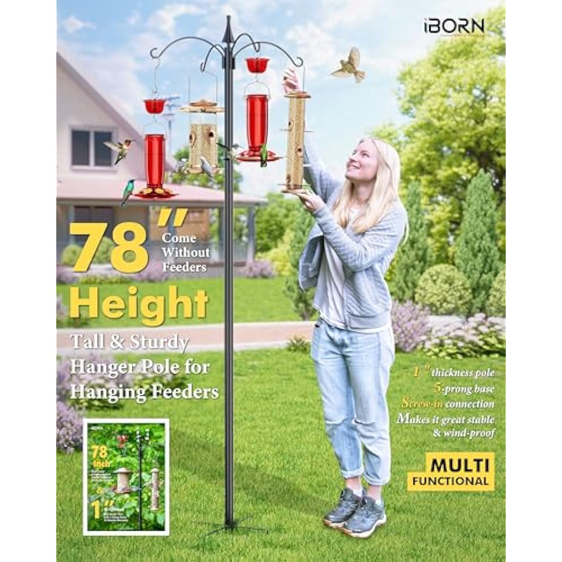 iBorn Heavy Duty Bird Feeding Station – 87 Inch Metal Pole with 4 Hooks