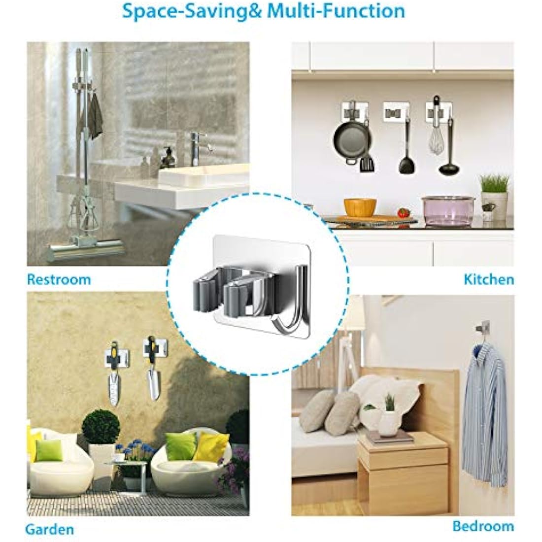 Homeasy Mop and Broom Holder – 4 Pcs Stainless Steel Wall Mounted Hanger