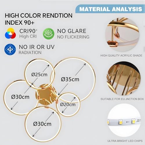 YYUTLUO Modern LED Ceiling Light – 108W Gold 5-Ring Dimmable Chandelier