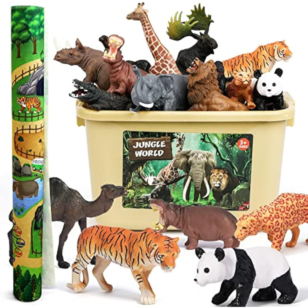 FRUSE Safari Animals Playset with Jumbo Play Mat - 12 Realistic Figurines
