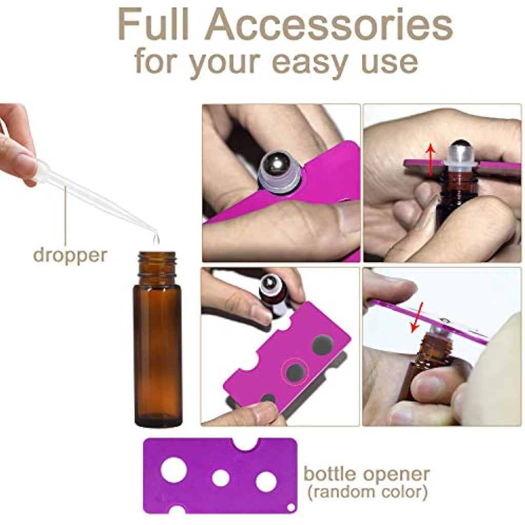 10ml Amber Glass Roller Bottles for Essential Oils - 10 Pack