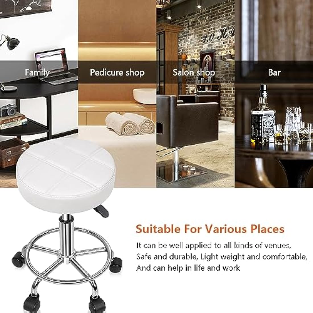 Jolof Store Round Rolling Stool – Adjustable PU Leather Swivel Chair, White