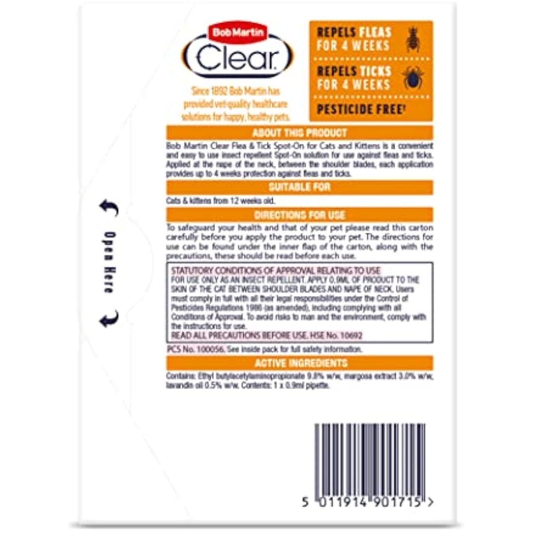 Bob Martin Clear Flea and Tick Repellent for Cats - Pesticide-Free