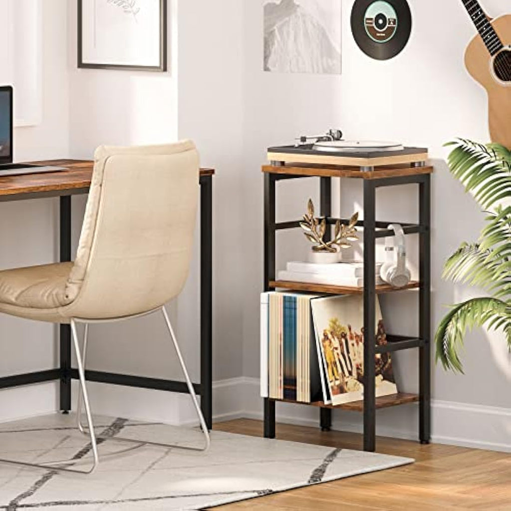 HOOBRO 3-Tier Record Player Stand – Industrial Tall Side Table, Rustic Brown