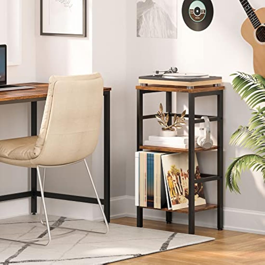 HOOBRO 3-Tier Record Player Stand – Industrial Tall Side Table, Rustic Brown