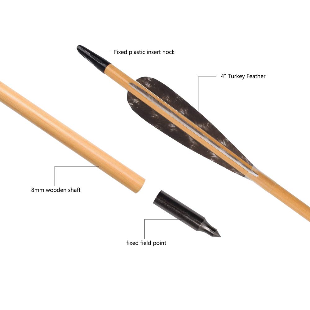 30" Wooden Hunting Arrows | 4" Turkey Feathers | Pack of 12