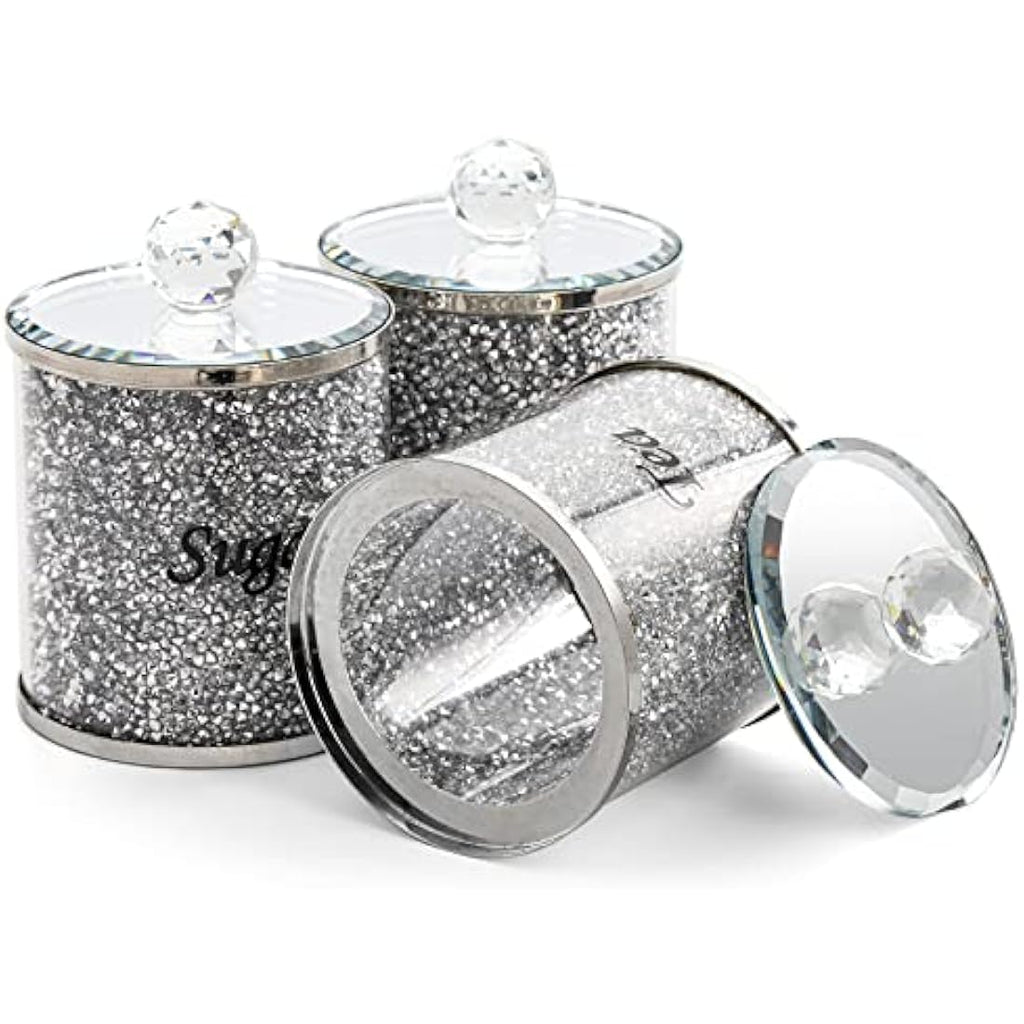 Jolof Store 3-Pack Crushed Diamond Glass Coffee Tea Sugar Canister Set