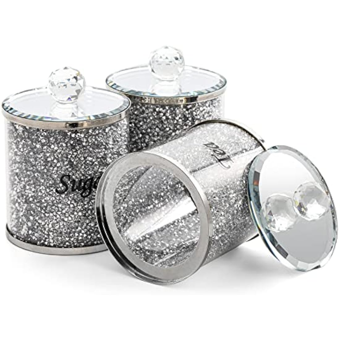 Jolof Store 3-Pack Crushed Diamond Glass Coffee Tea Sugar Canister Set