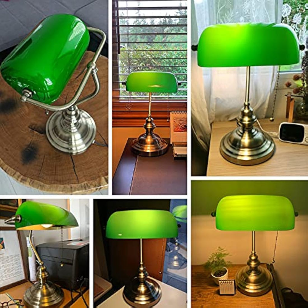 Jolof Store Green Glass Bankers Desk Lamp | Satin Brass Finish