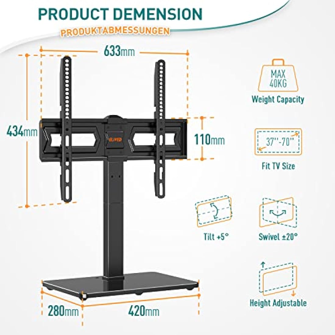 ELIVED Swivel Table Top TV Stand for 37-70 Inch TVs | Height Adjustable