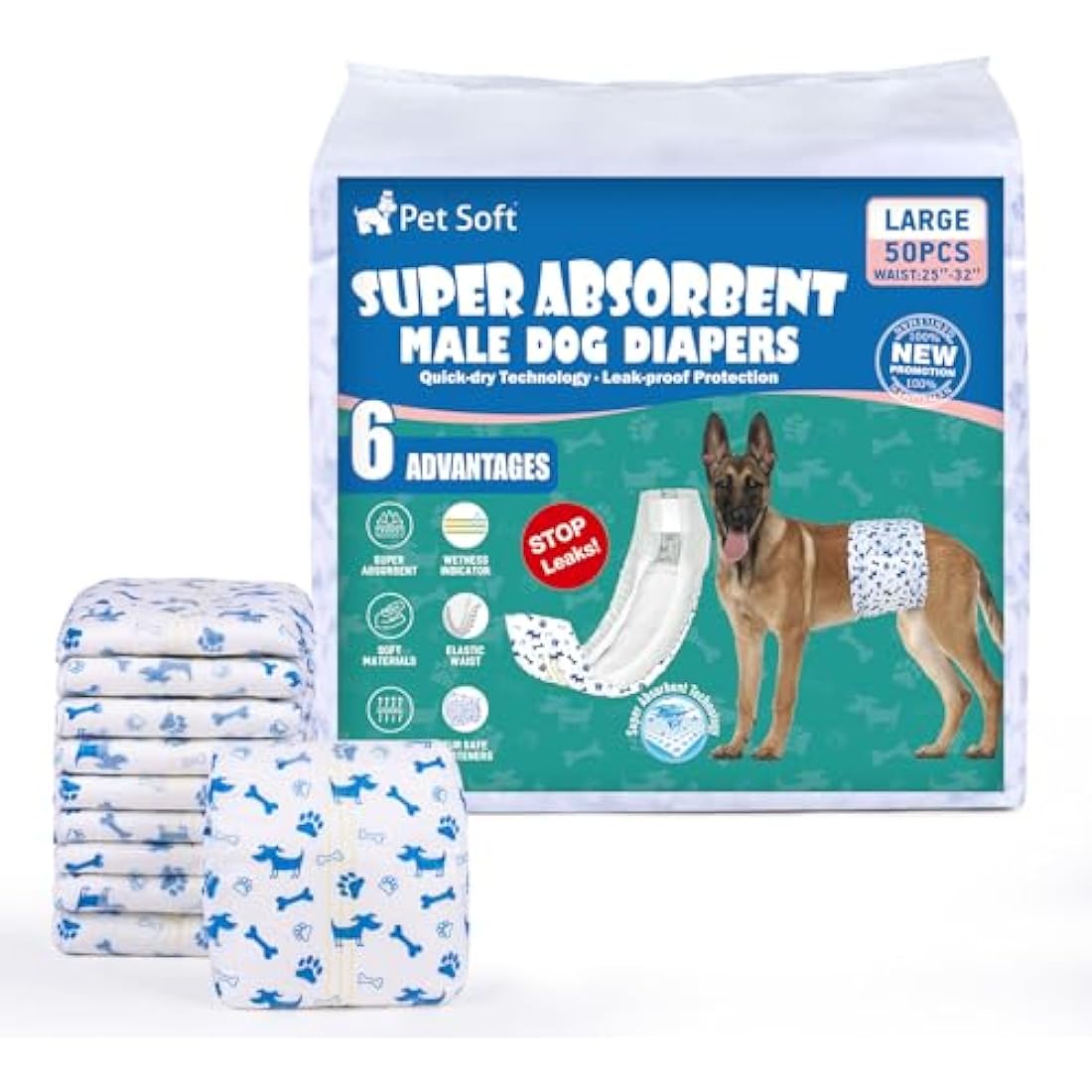 Pet Soft Male Dog Nappies | Disposable Absorbent Wraps | Large 50 Count