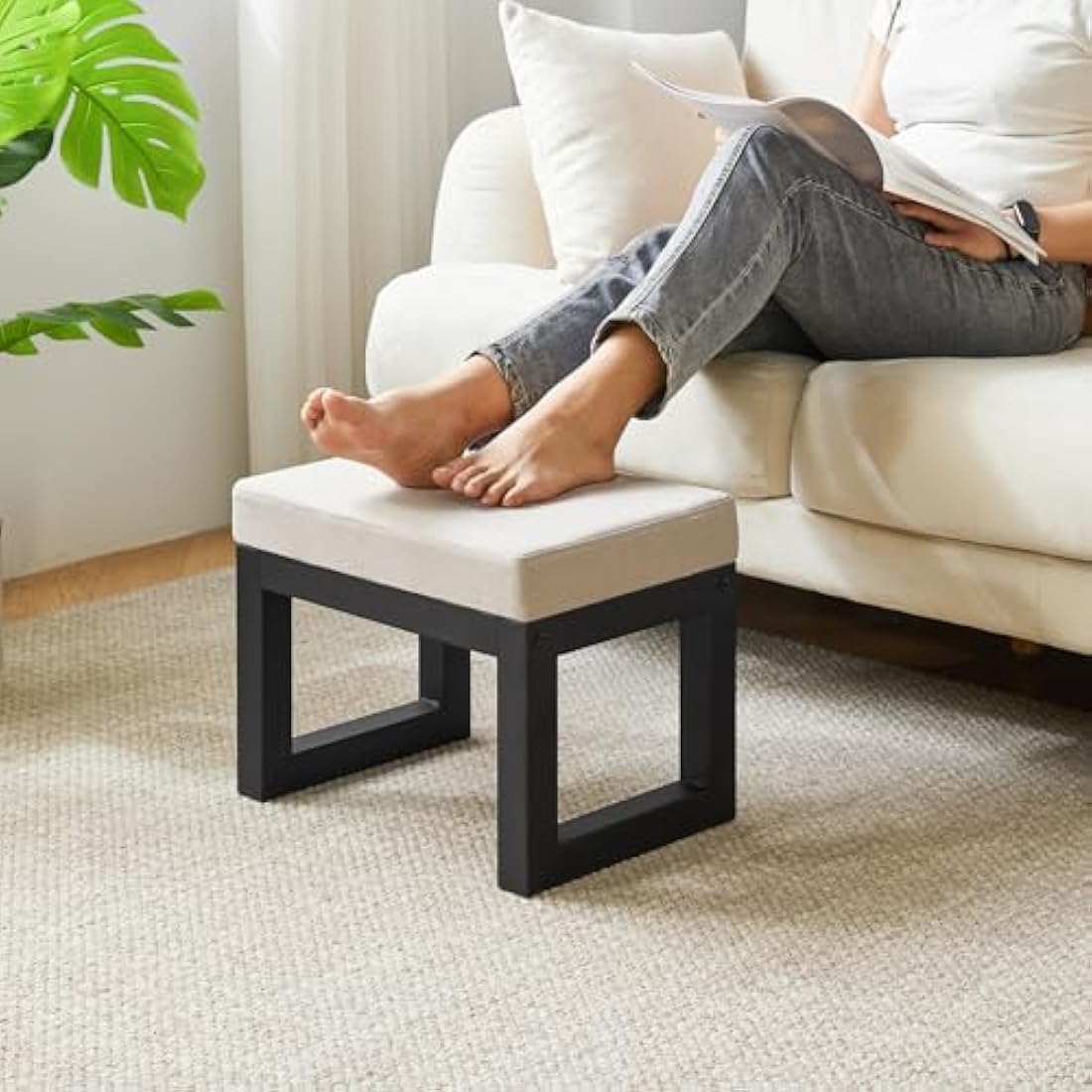 IBUYKE Small Ottoman Footstool – Padded Linen Shoe Stool, Gray