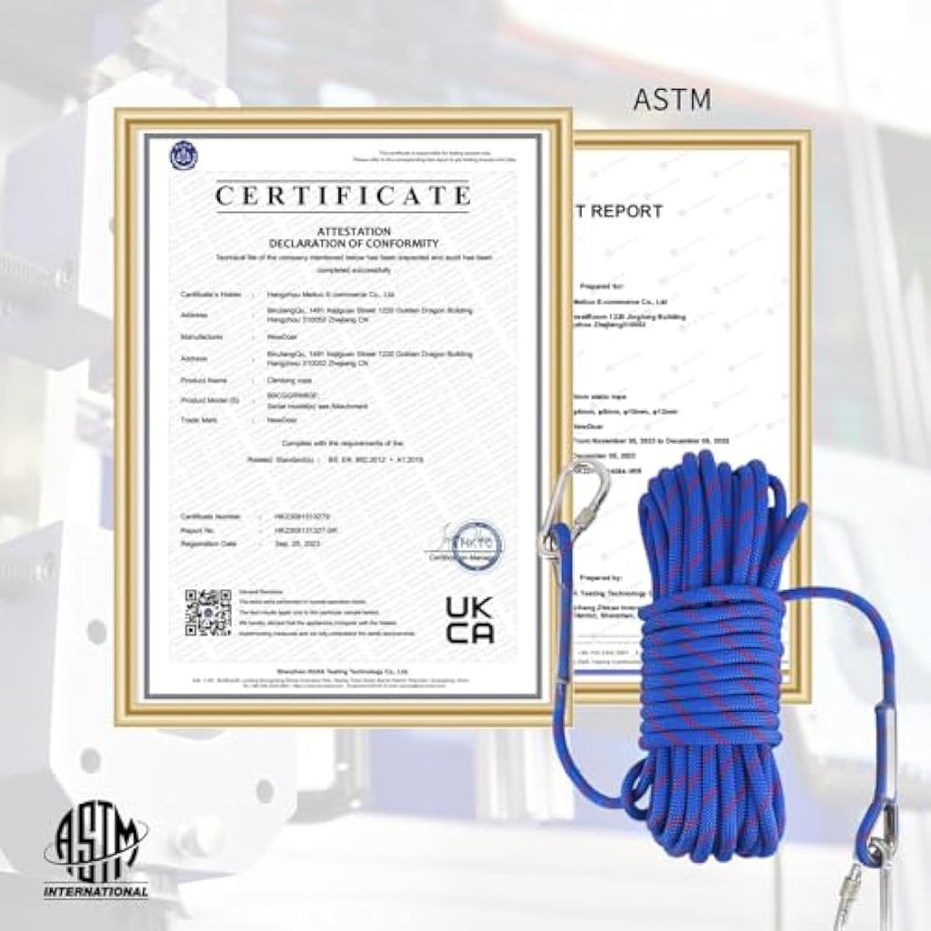 NewDoar 10mm Static Climbing Rope – 18KN Safety Cord with 2 Carabiners