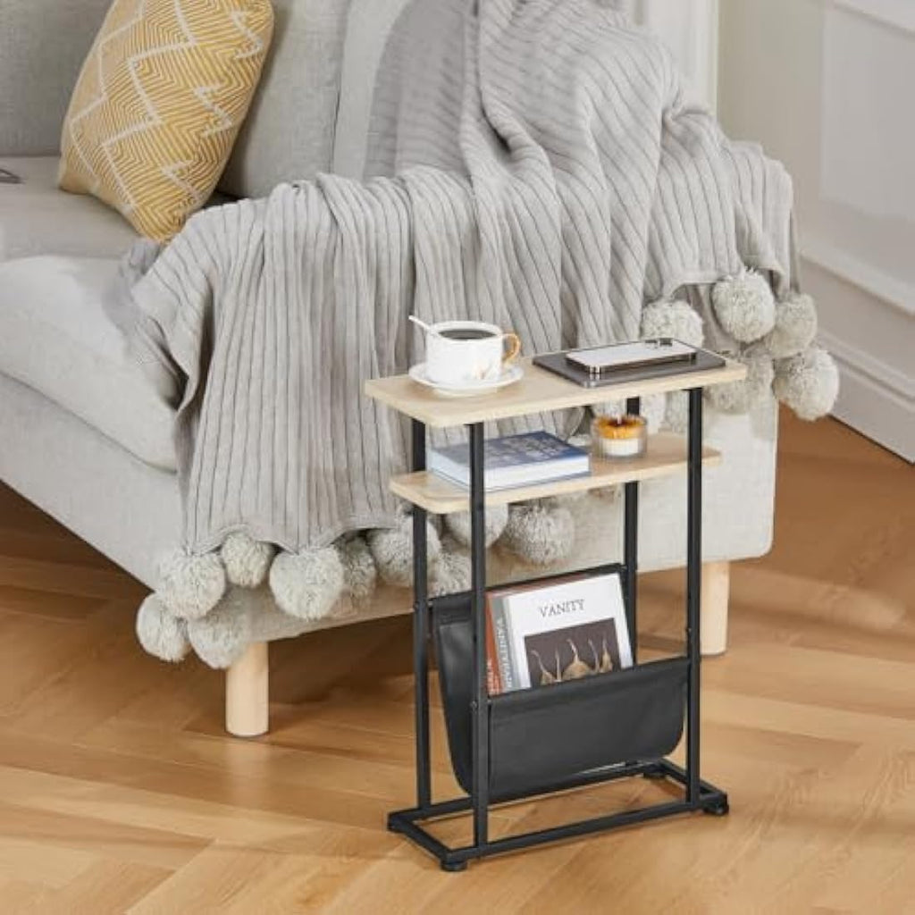 ZEXVIDA Narrow Side Table with Magazine Holder – Slim Oak End Table
