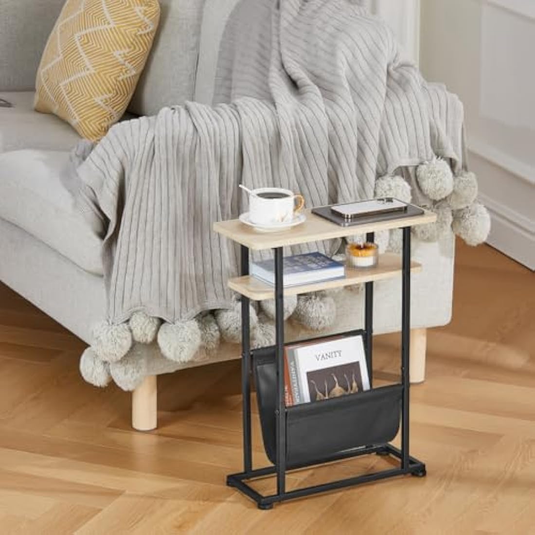 ZEXVIDA Narrow Side Table with Magazine Holder – Slim Oak End Table