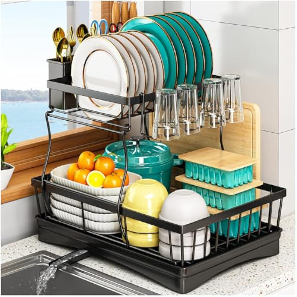 StowBin 2-Tier Dish Drying Rack with Drainboard - Black Metal Drainer