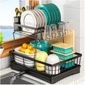 StowBin 2-Tier Dish Drying Rack with Drainboard - Black Metal Drainer