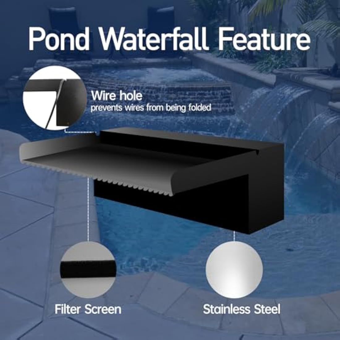 Jolof Store Stainless Steel Pool Waterfall Spillway – 90cm Black Pond Fountain