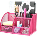 Exerz Mesh Desk Organiser – 7 Compartment Metal Office Caddy, Pink
