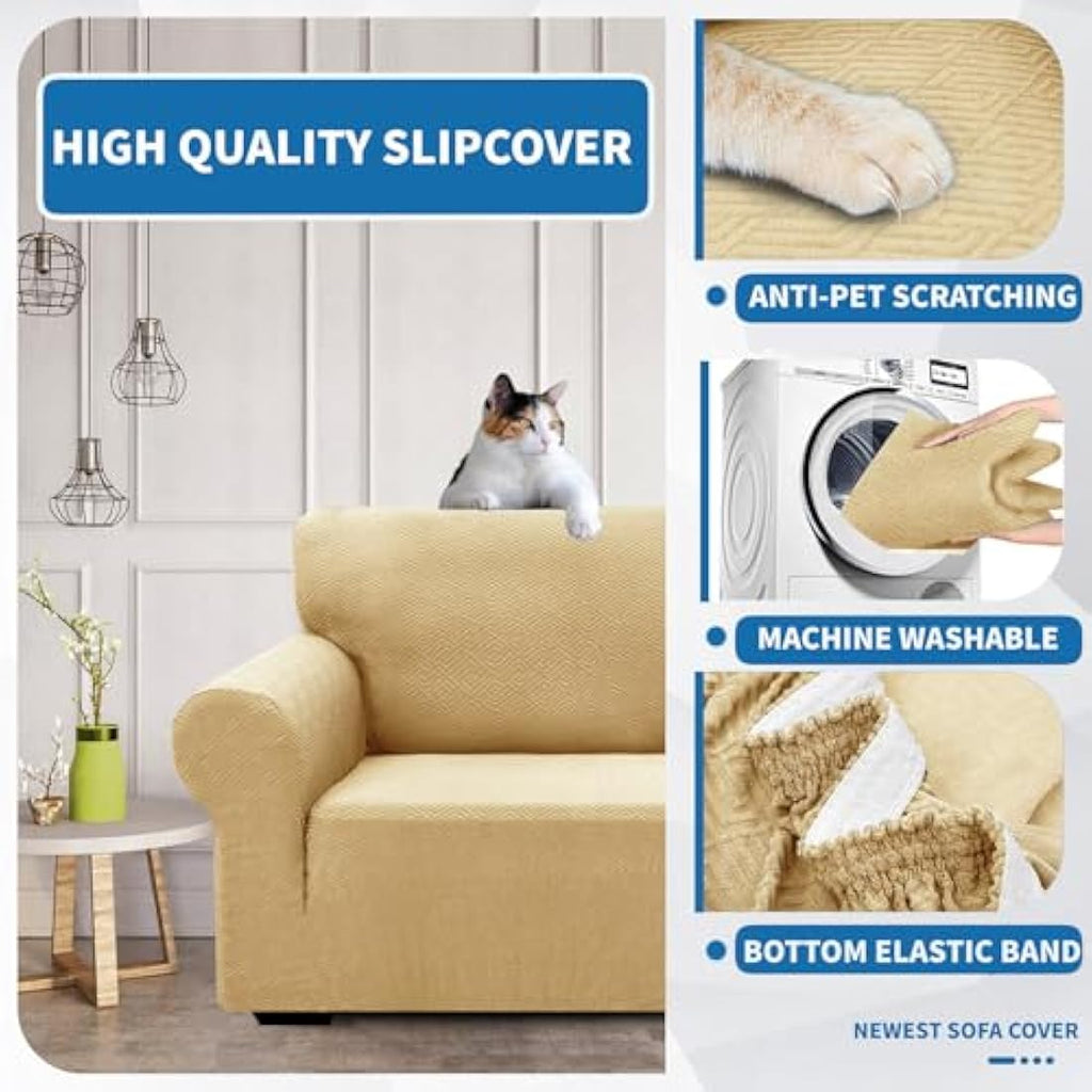 XINEAGE Stretch Jacquard 2 Seater Sofa Cover | Washable Beige Slipcover