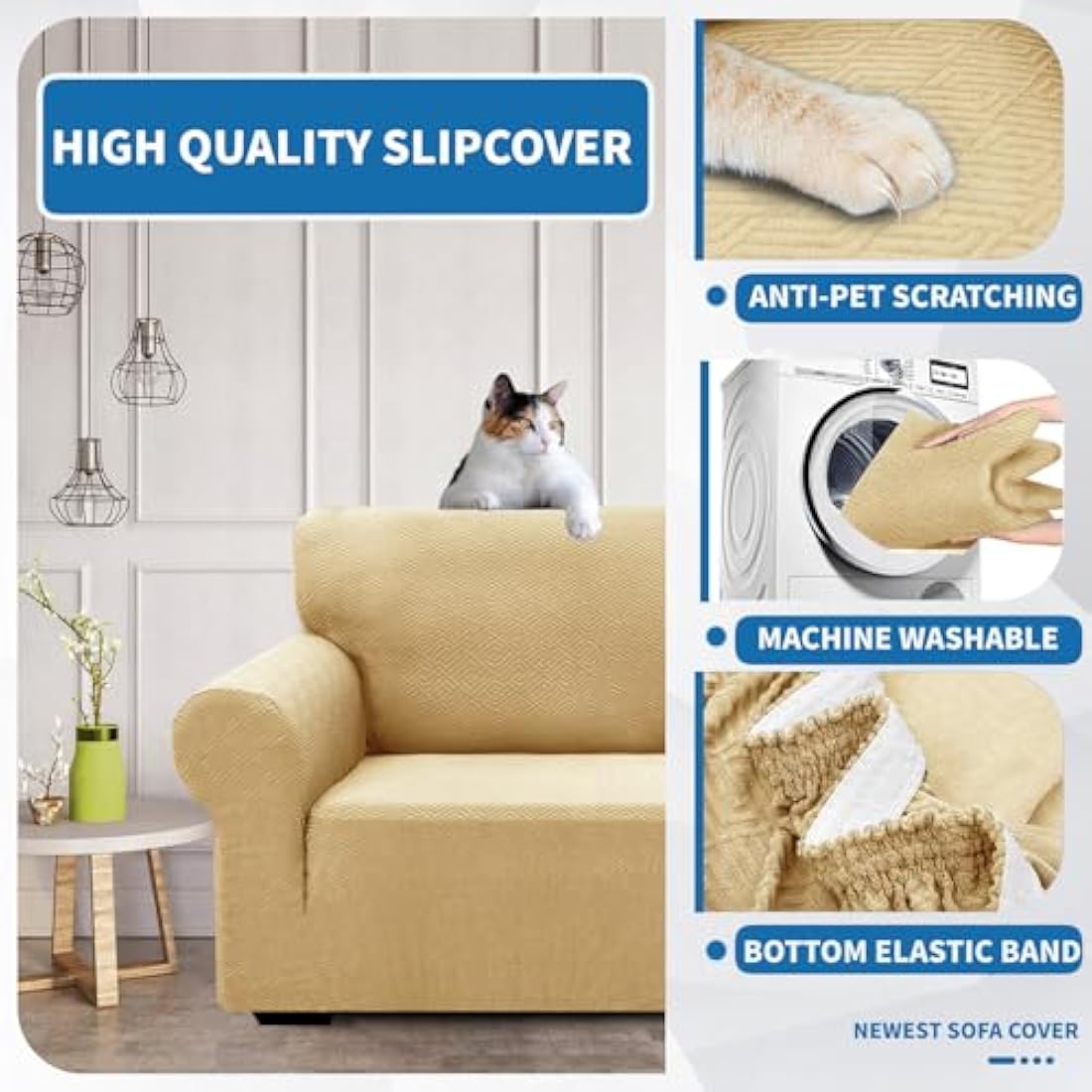 XINEAGE Stretch Jacquard 2 Seater Sofa Cover | Washable Beige Slipcover