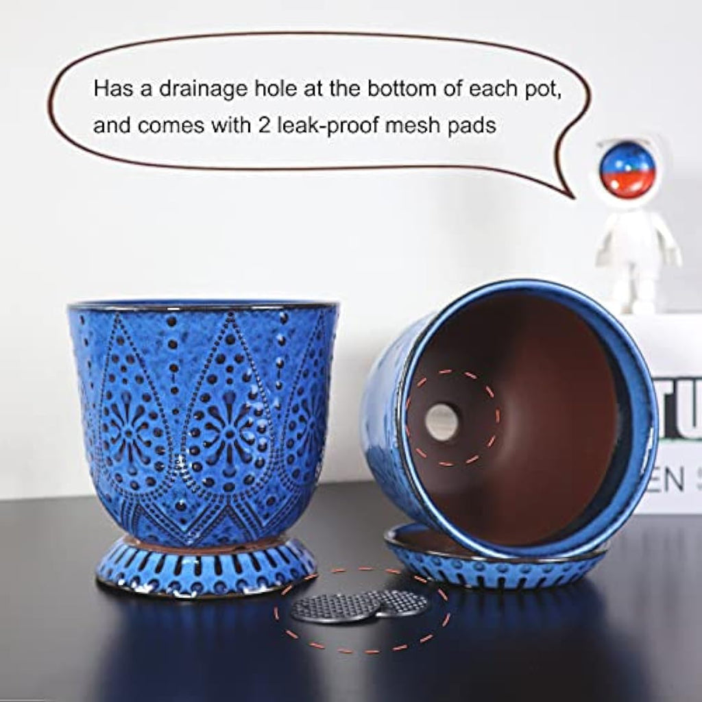 Beaded Ceramic Planter Set – 15CM Round Flower Pots, Blue