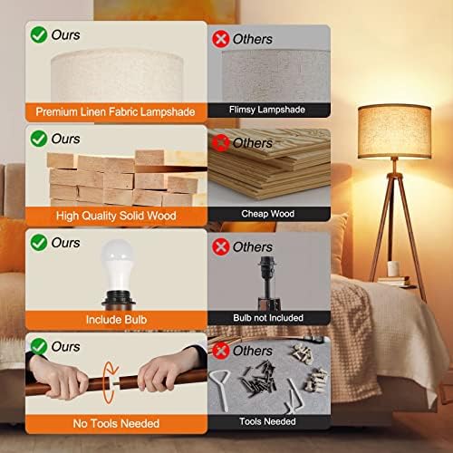 OUTON Solid Wood Tripod Floor Lamp with Shelf - Dimmable LED Standing Light