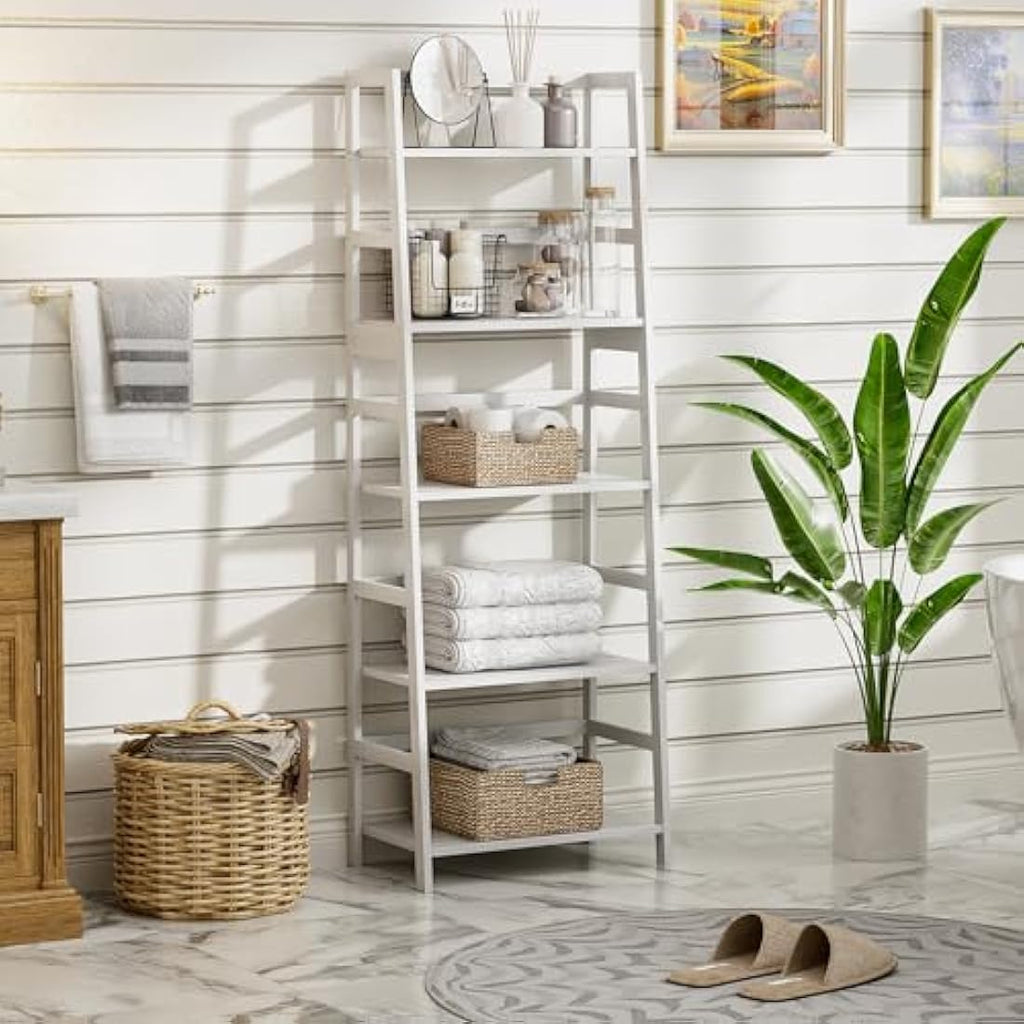Vovala 5-Tier Bamboo Ladder Shelf – Modern Freestanding Bookcase, White