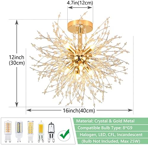 Rayofly Modern Firework Crystal Chandelier – Gold 8-Light Ceiling Fixture
