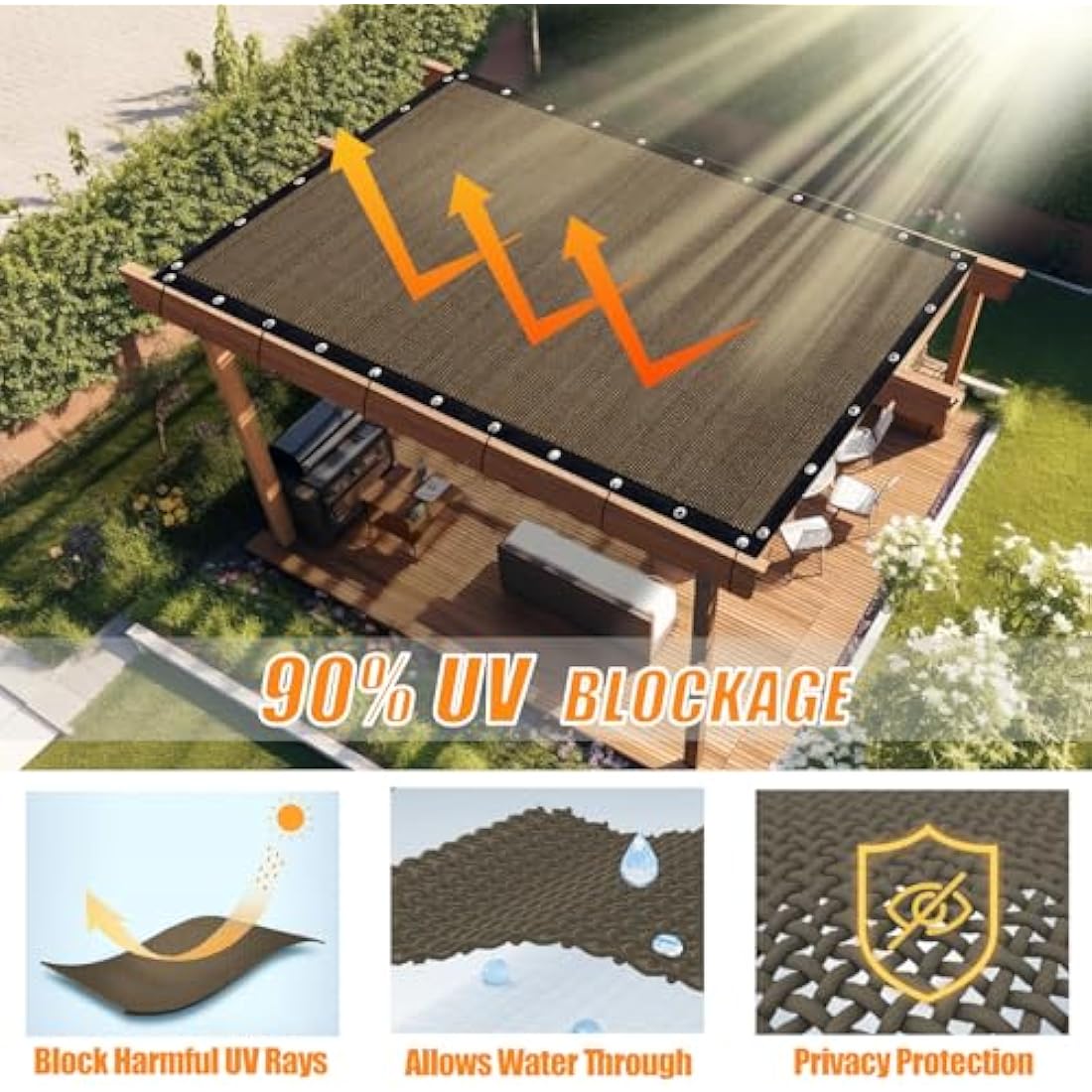 KANAGAWA 12' x 20' Sun Shade Cloth - 90% UV Block HDPE Canopy, Mocha