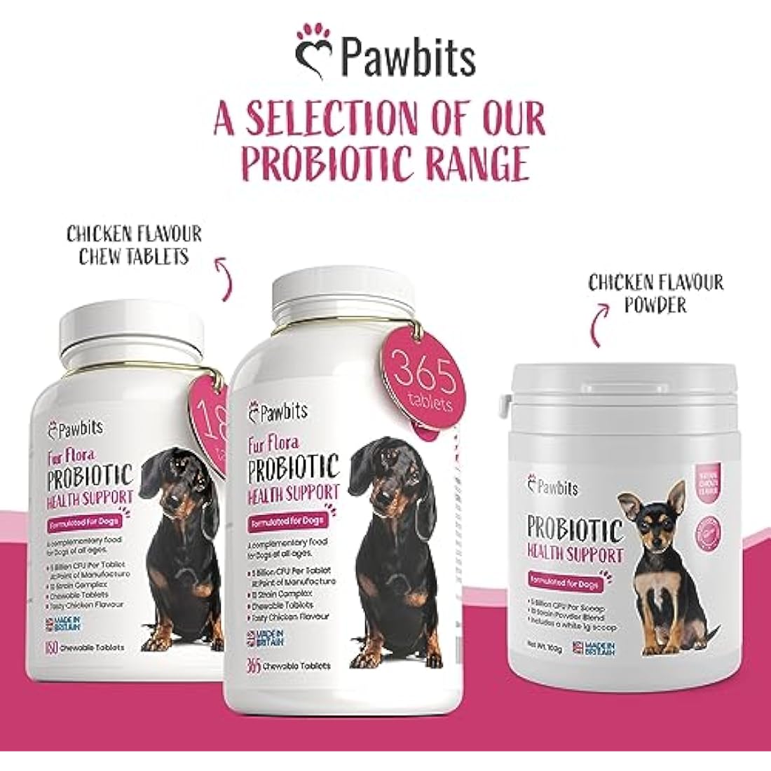 Pawbits Dog Probiotics & Prebiotics – 365 Chicken Chewable Tablets