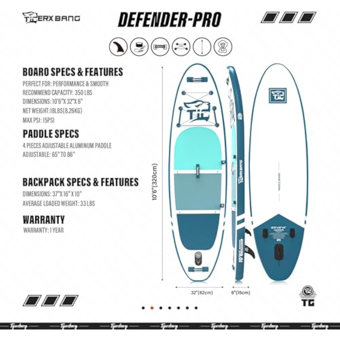 TIGERXBANG Inflatable Stand Up Paddle Board – 10'6" Military Grade SUP