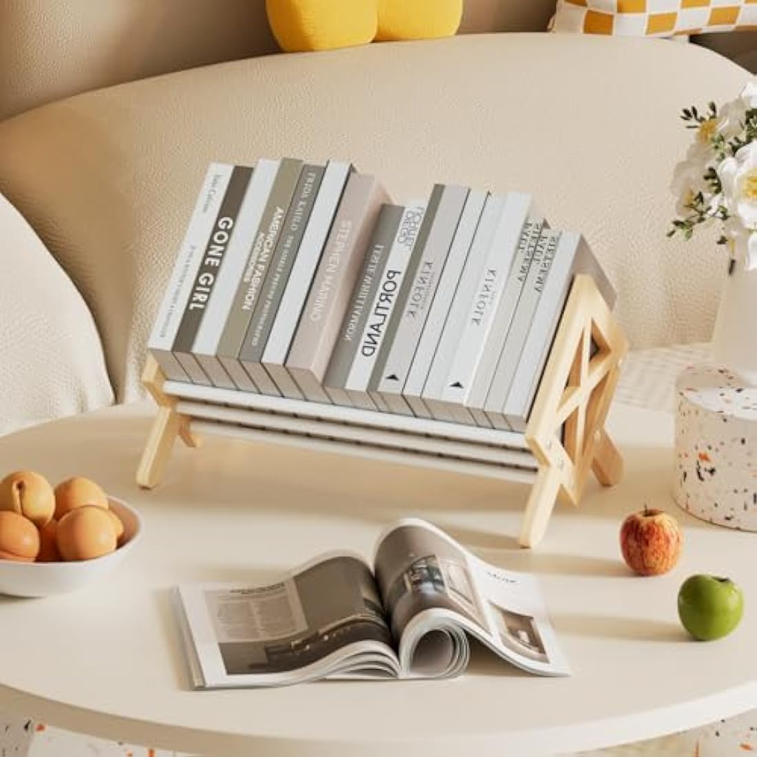 Oak Wood Desktop Bookshelf – V-Shaped Tilting Bookcase