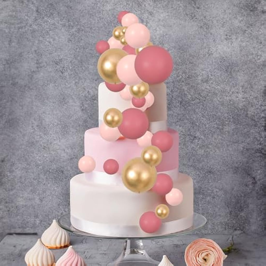 Gyufise 30Pcs Pink Gold Ball Cake Toppers – Foam Balloon Cupcake Decor